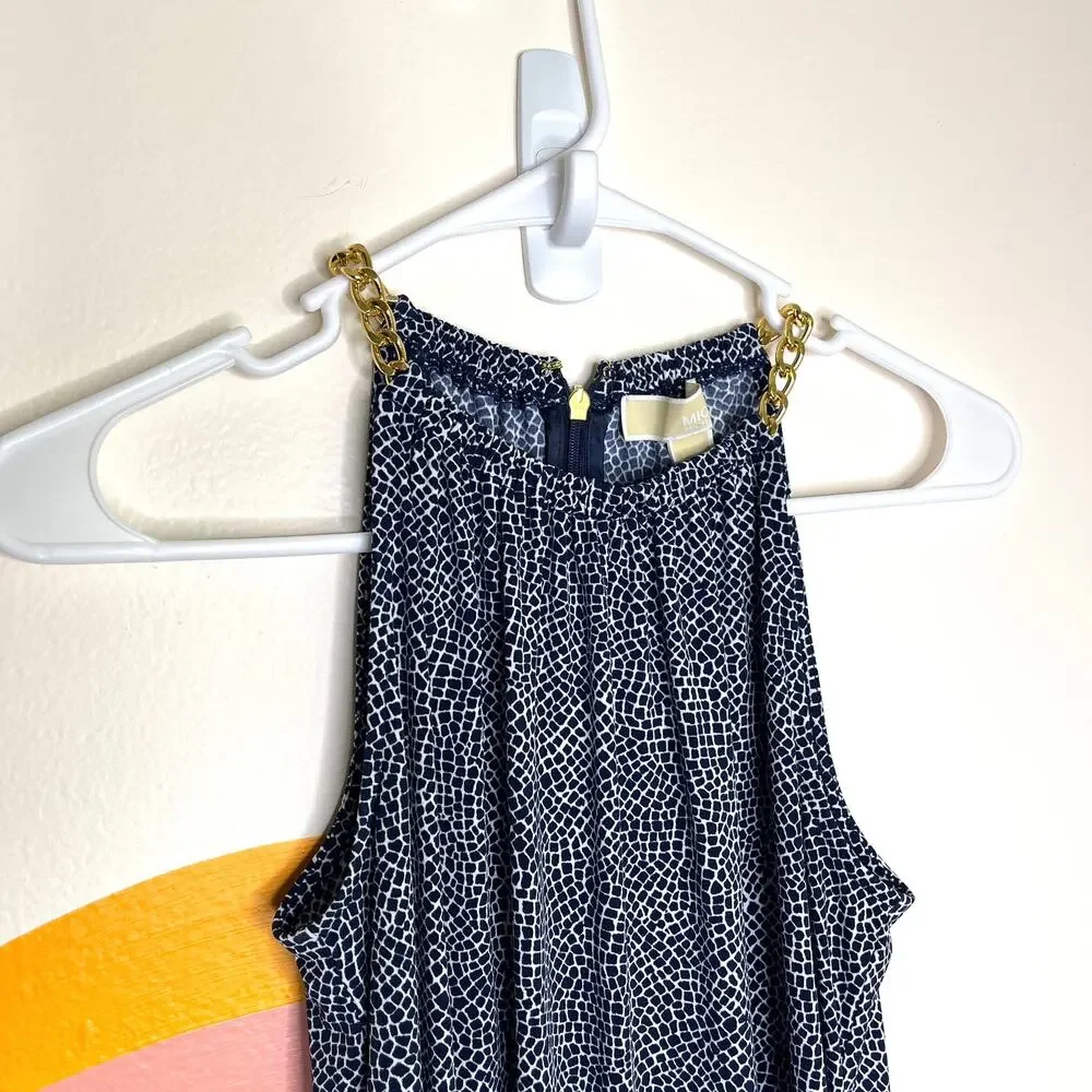 Michael Kors Midi Dress‎ Blue White Sleeveless Gold Chain Shift Womens XS
